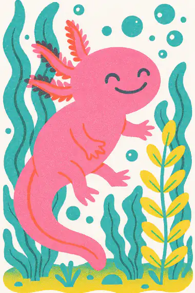 Axolotl, a risograph storytime card