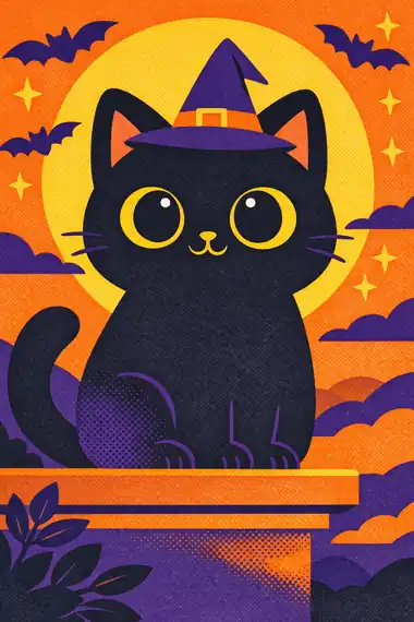 Black Cat, a risograph storytime card
