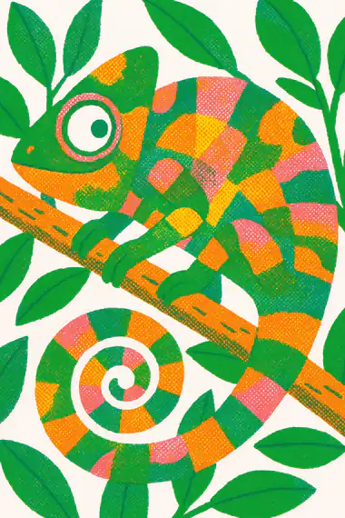 Chameleon, a risograph storytime card