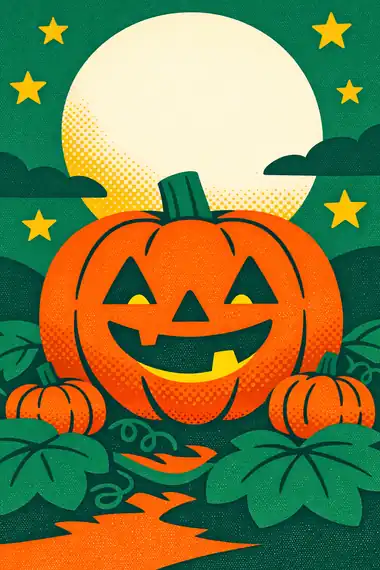 Jack-o'-lantern, a risograph storytime card