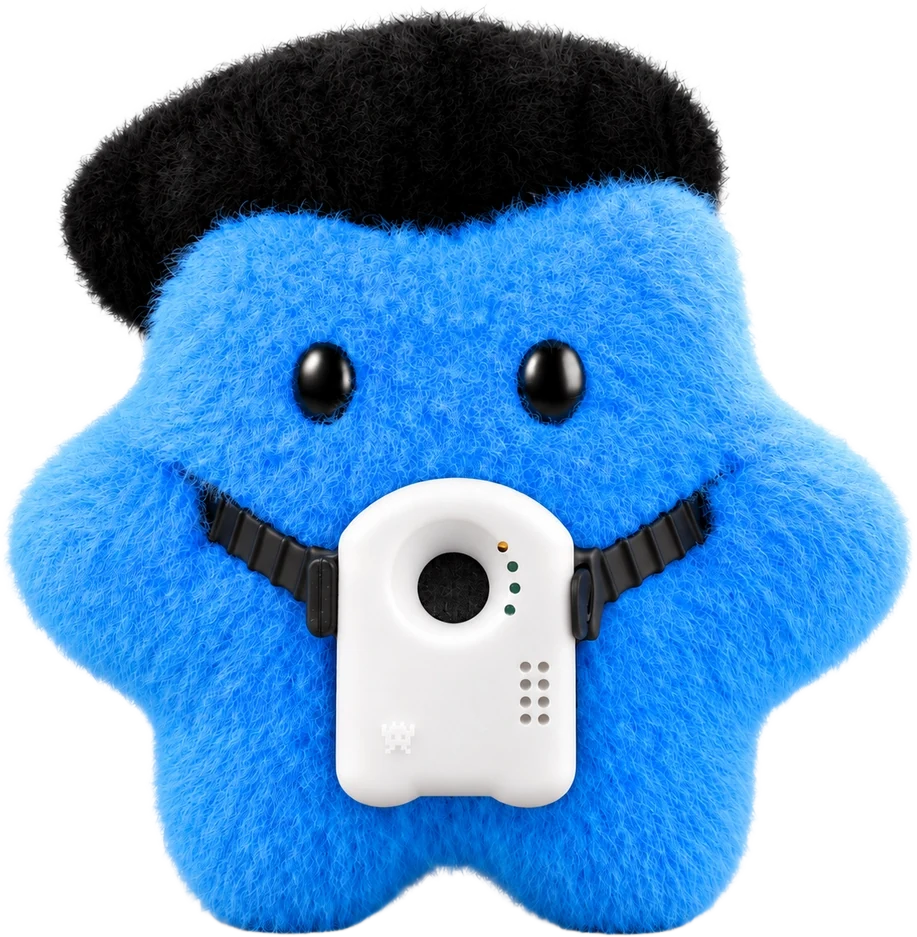 A fluffy blue plushie wearing the Elato device: tap-to-talk button, mic hole, status light, speaker, side switch, Elato alien logo and silicone strap